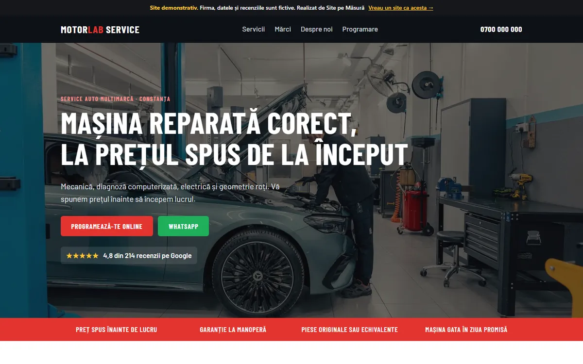 Site de prezentare pentru un service auto, pe ecranul unui laptop